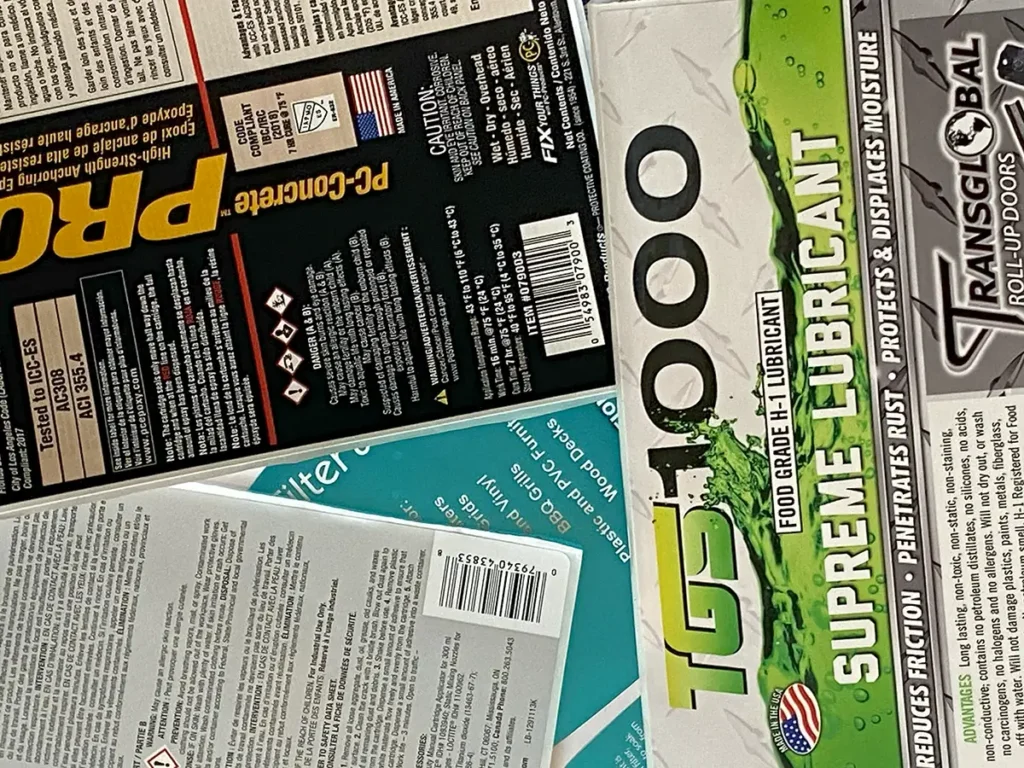 Chemical drum label with hazard symbols and compliance data